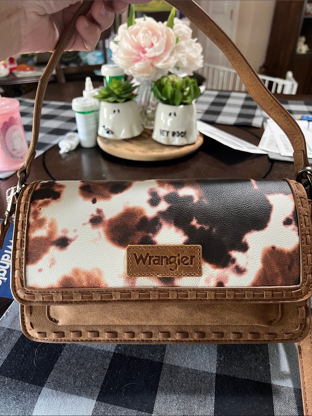 Wrangler Brown & White Cowhide-Print Crossbody Bag